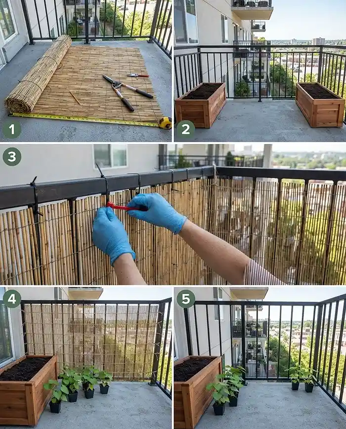 Balcony Privacy Fence Ideas for Renters 4 Cutting screen, placing anchor planters, zip‑tying to the railing, and stringing climbing twine, following the privacy fence install steps