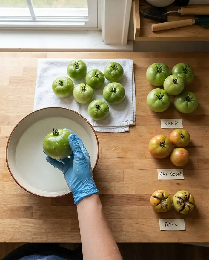 How to Ripen Green Tomatoes Indoors After First Frost 3 Dipping green tomatoes in vinegar water and drying them on a towel while sorting into piles, prepping fruit for indoor ripening