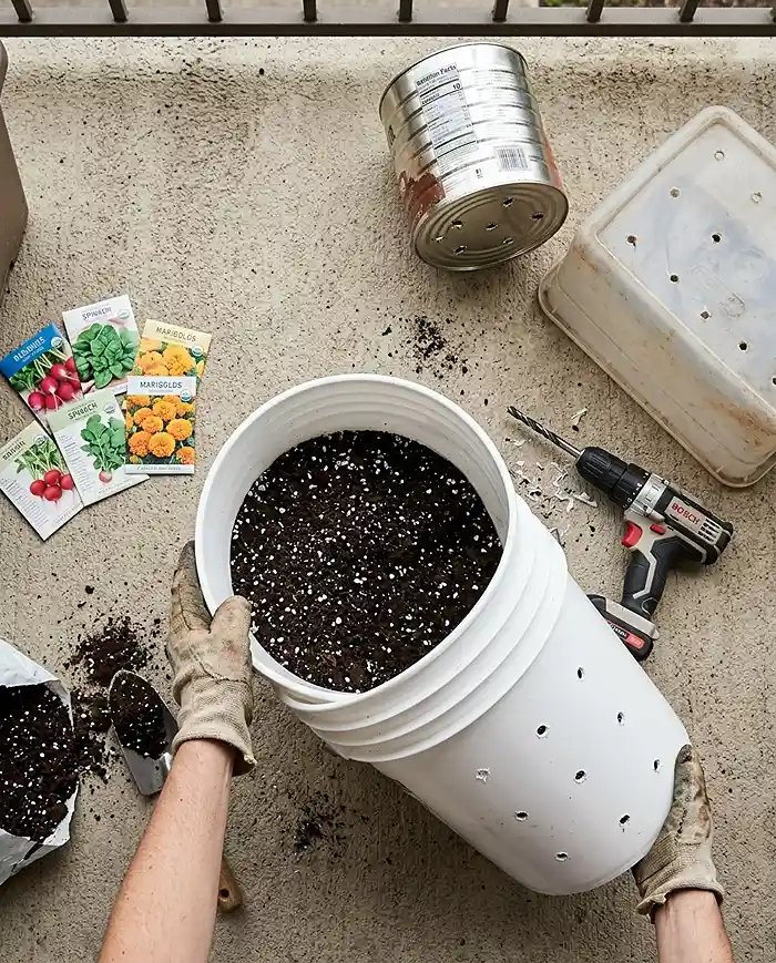 Balcony Garden on a Budget 3 Drilling drainage holes in a free 5‑gallon bucket and filling it with potting mix, upcycling containers for a balcony garden on a budget.