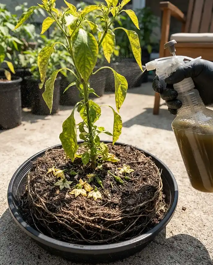 Container Depth for Vegetables 5 Dropped yellow pepper blossoms on the soil of a root‑bound pot being misted with kelp spray, fixing blossom drop from root constriction