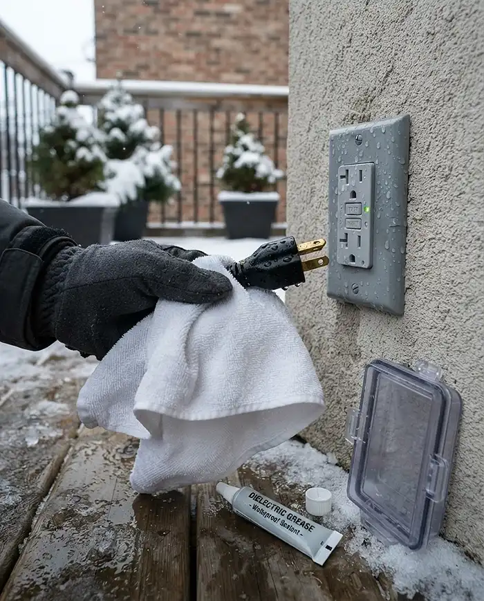 Winter Balcony Garden Lighting for Short Days 5 Drying a damp outdoor plug and socket from snowmelt beside dielectric grease and a weatherproof box, fixing a tripping GFCI