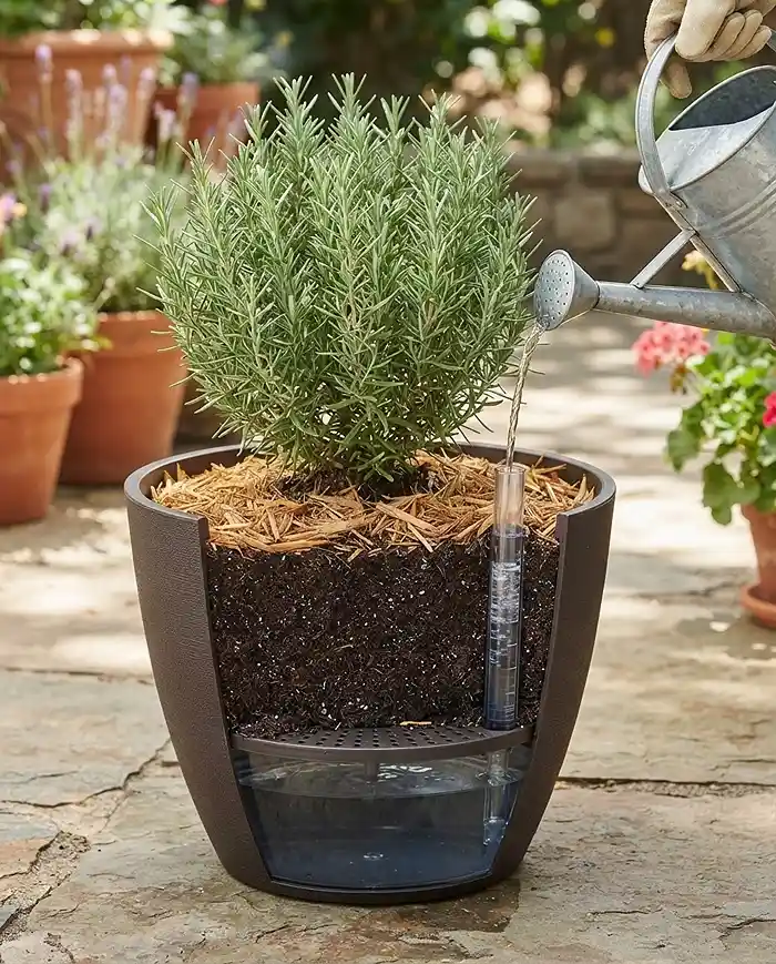 Filling the reservoir of a 5‑gallon self‑watering planter with a fill gauge, the core gear of a low‑maintenance balcony garden