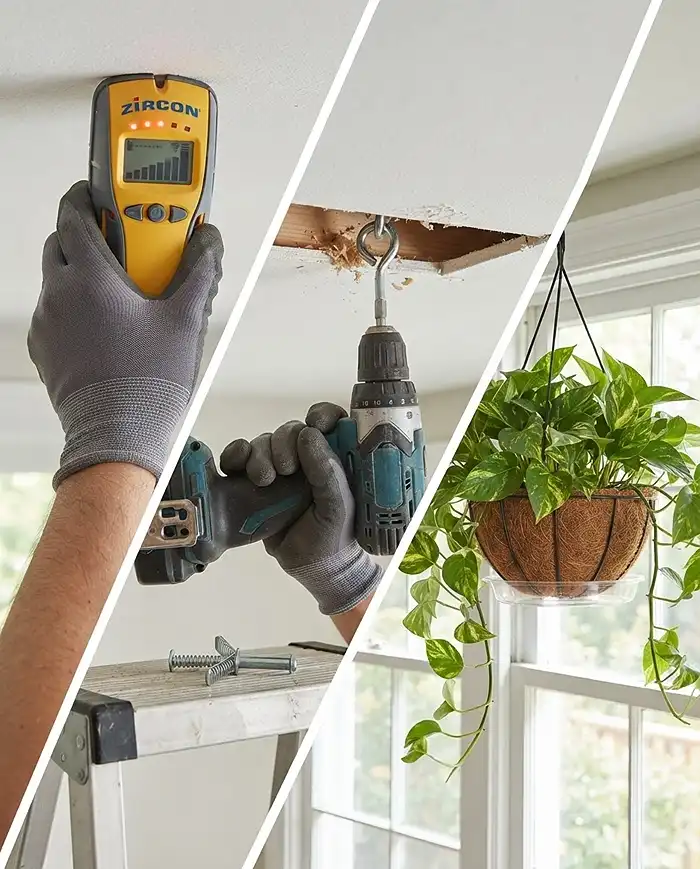 Finding a ceiling joist and installing a hook with a toggle‑bolt option beside a basket with a saucer, hanging suspended pots indoors safely.