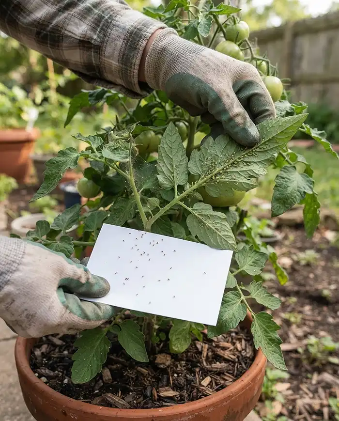 Flipping a tomato leaf to find aphids and webbing and tapping mites onto white paper, inspecting container plants for sap‑suckers.