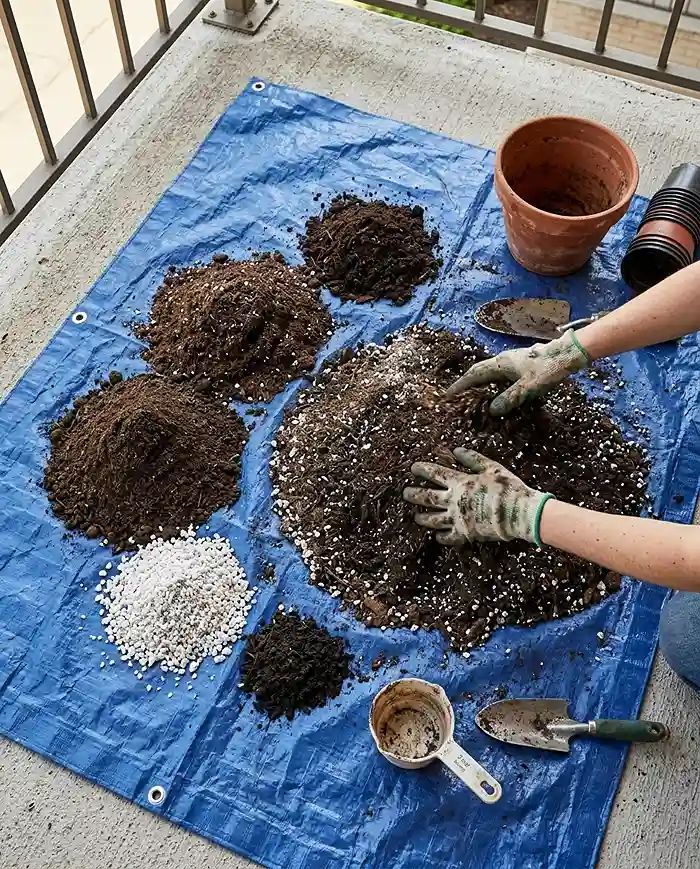 Folding screened old soil 5050 with fresh mix, compost, perlite, and worm castings on a tarp, rebuilding refreshed potting soil.