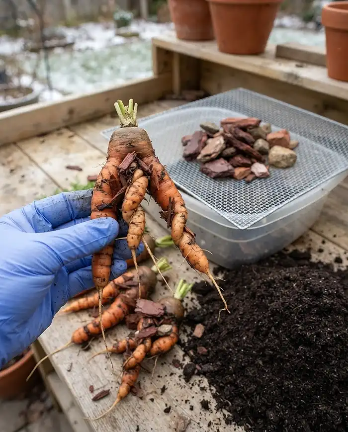 Winter Root Vegetables in Pots 5 Forked twisted carrots split around bark pieces beside a sifting screen, fixing deformed roots from compacted stony soil