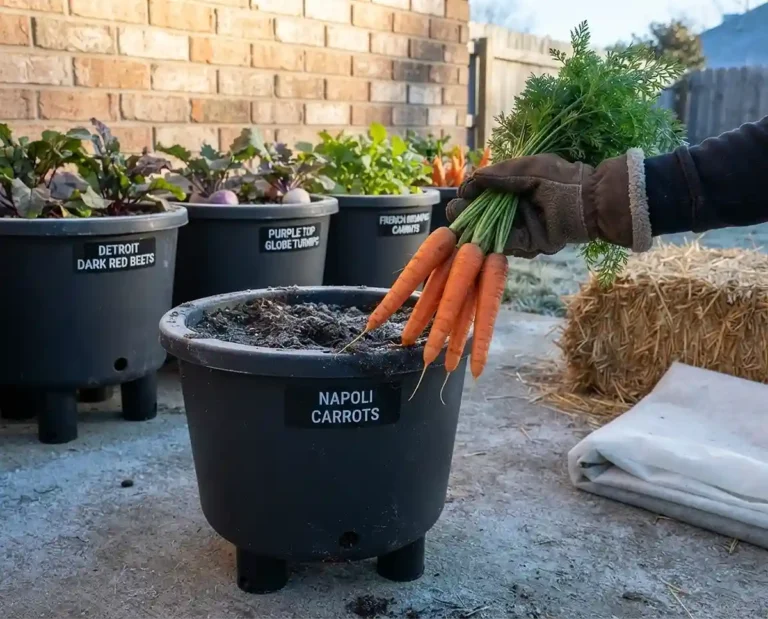 Freshly pulled Napoli carrots from a deep resin pot beside labeled beet, turnip, and radish pots on a frosty winter patio