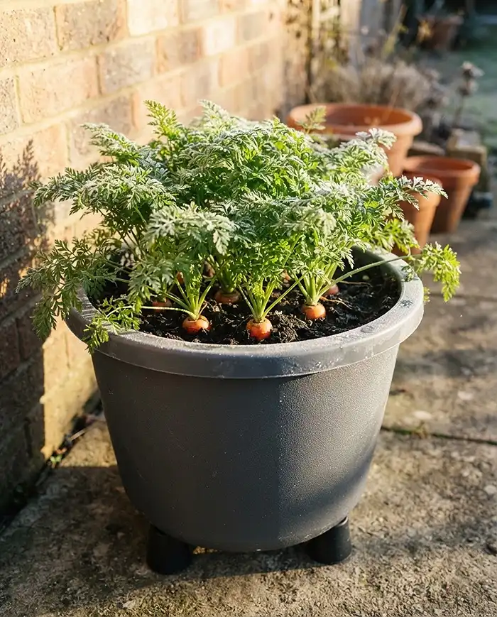 Winter Root Vegetables in Pots 3 Frost‑touched Napoli carrot tops in a deep resin pot on a patio, a top choice for winter root vegetables in pots.