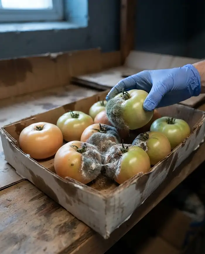How to Ripen Green Tomatoes Indoors After First Frost 5 Gray mold spreading between crowded green tomatoes in a damp box being removed and spaced out, fixing rot from cold, humid storage