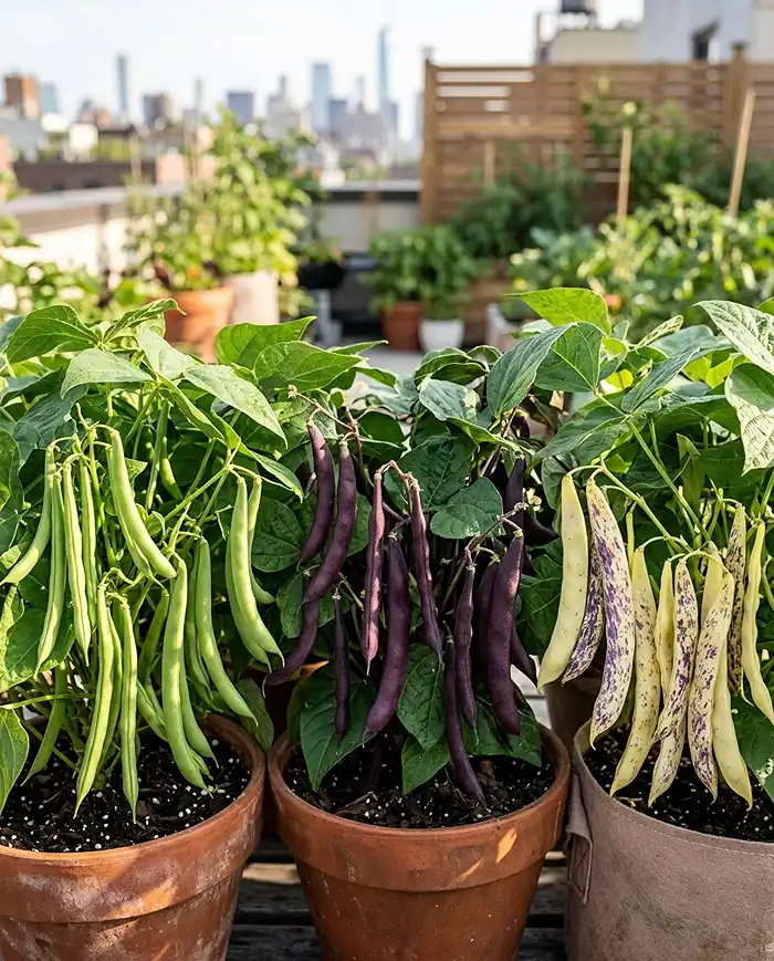 Best Beans for Containers 3 Green Blue Lake, purple Royal Burgundy, and streaked Dragon Tongue pods in pots, top varieties among the best beans for containers.