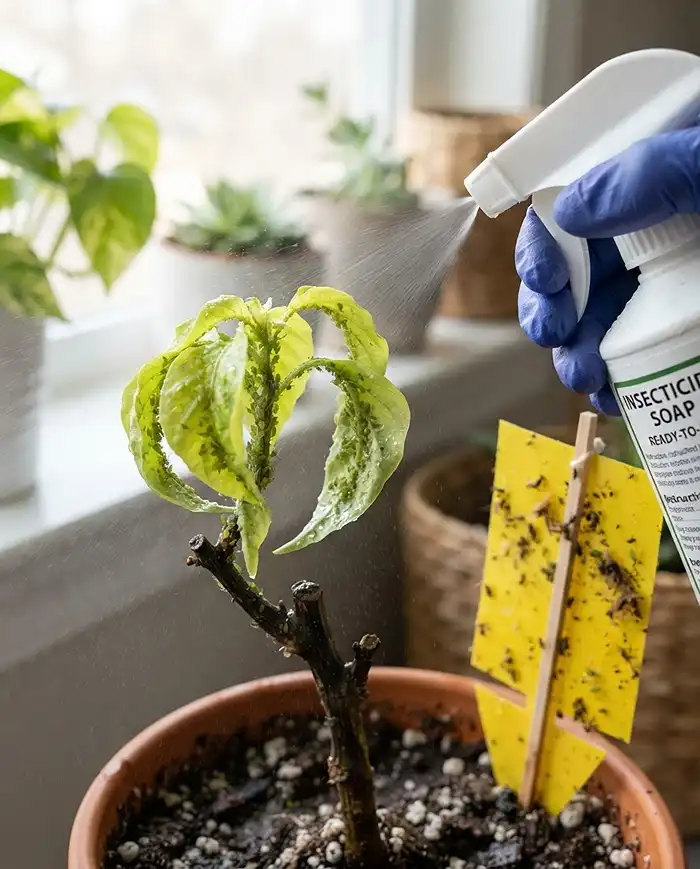 Overwintering Pepper Plants in Pots 5 Green aphids clustered on new pepper leaves beside a sticky trap being treated with insecticidal soap, controlling an indoor aphid outbreak.