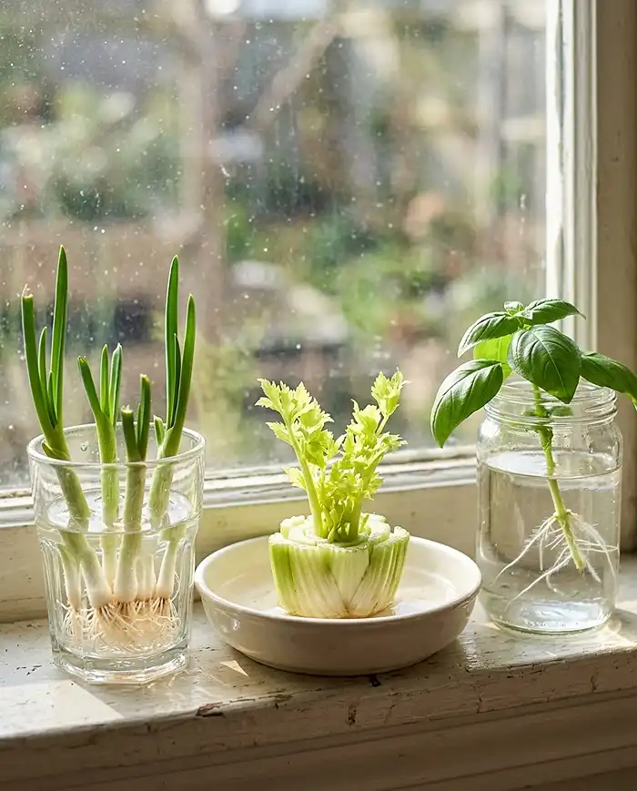 Balcony Garden on a Budget 4 Green onions, a celery base, and a basil cutting regrowing roots in water on a windowsill, free plants from kitchen scraps.
