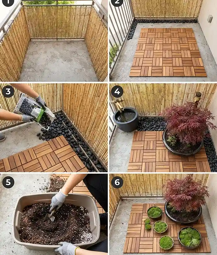 Japanese Balcony Garden Ideas 4 Hanging screens, laying deck tiles with river stones, placing the basin and maple, and blending acidic soil, following the Zen balcony steps.