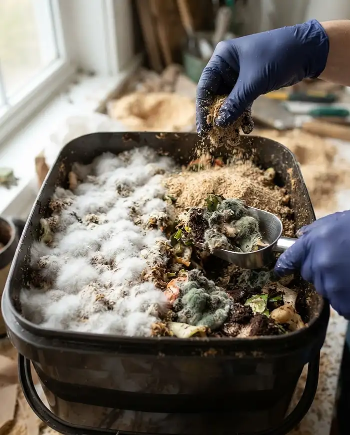 Bokashi Composting for Beginners 5 Healthy white bokashi mold beside problem green‑black mold being scooped out and re‑covered with bran, diagnosing surface mold