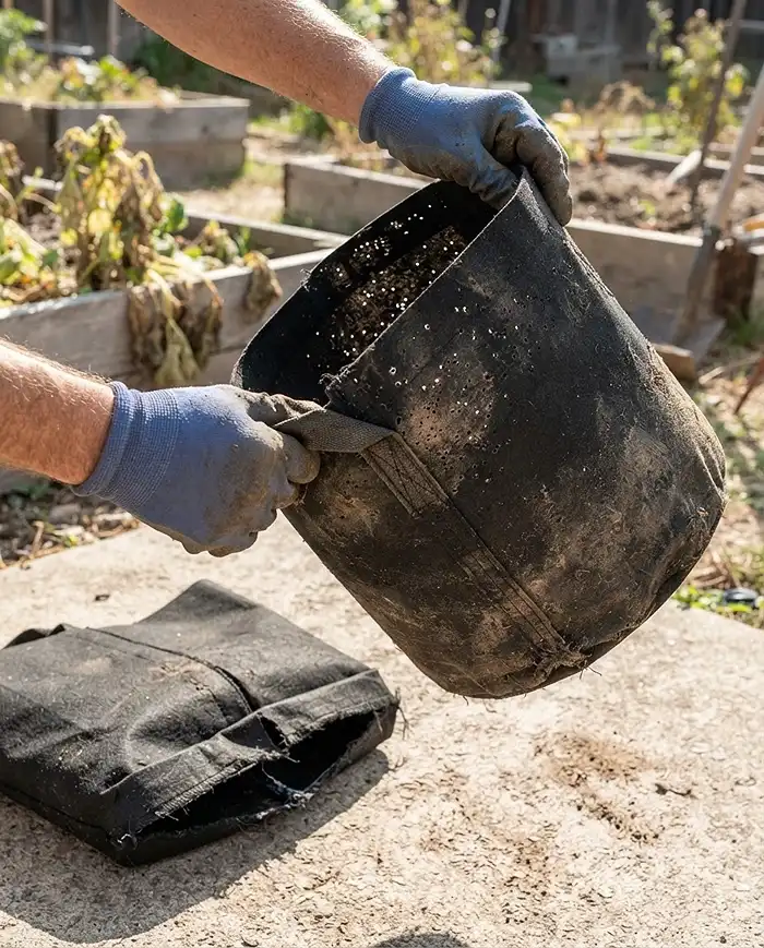 How to Store Grow Bags for Winter 2 Holding a grow bag to the sun to spot pinholes and pull‑testing a handle seam, evaluating which bags to keep or retire.