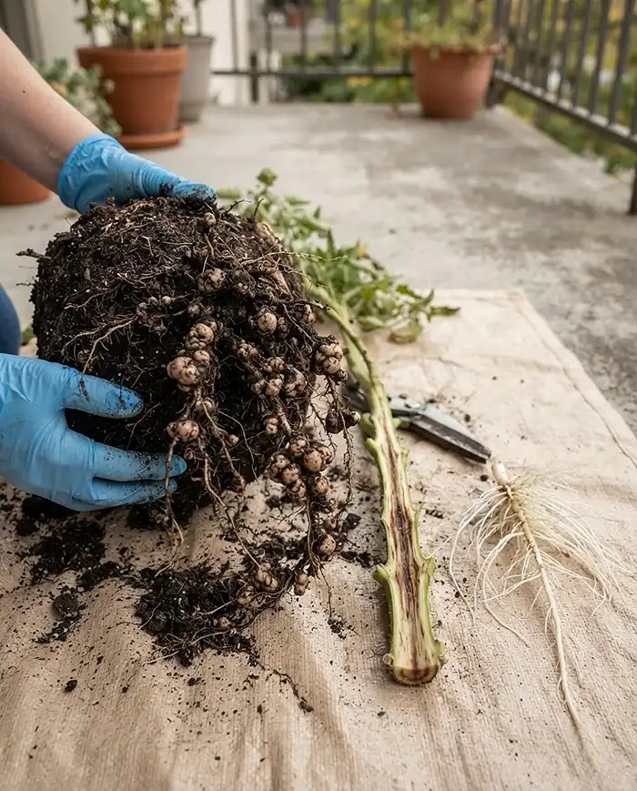 Knobby galls on tomato roots and brown wilt streaks in a cut stem, checking for soil‑borne disease before reusing the soil.