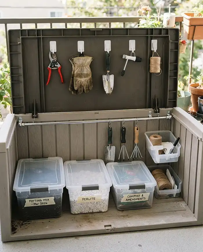 Labeled clear soil totes on the floor and tools hung inside the lid of a balcony storage bench, organizing garden tools inside