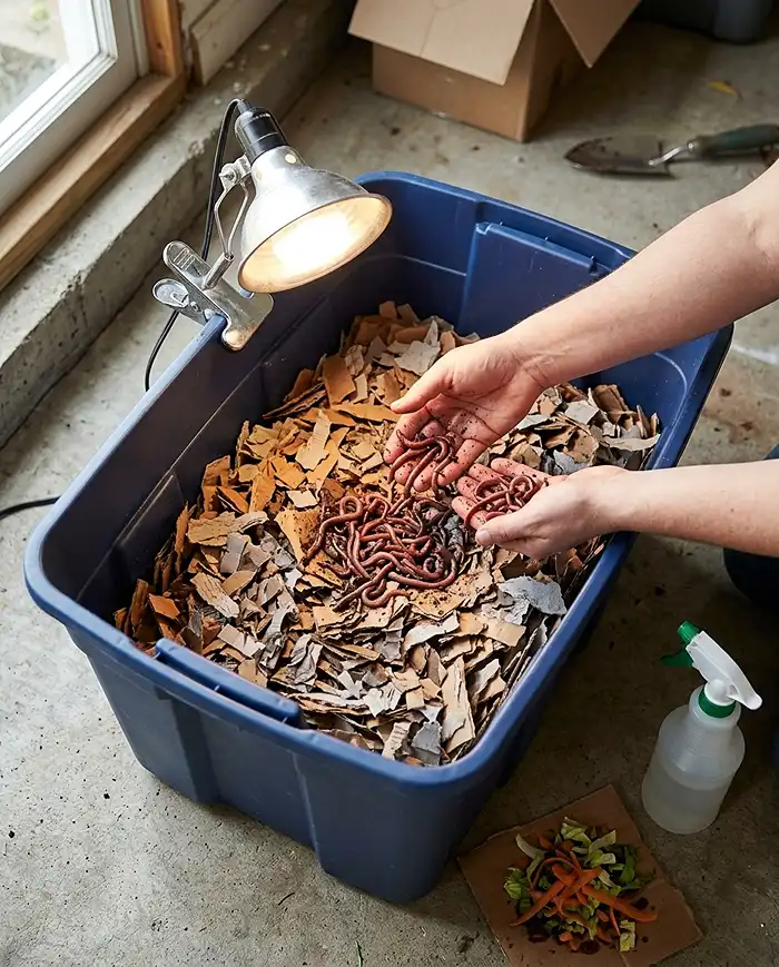 Laying red wigglers on damp fluffed cardboard bedding under a lamp with a small first feeding, starting an apartment worm composting bin.