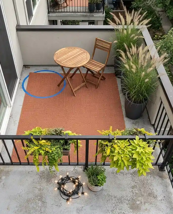 Laying the rug, placing the bistro set, adding tall plants and rail boxes, then lights, following balcony dining styling steps
