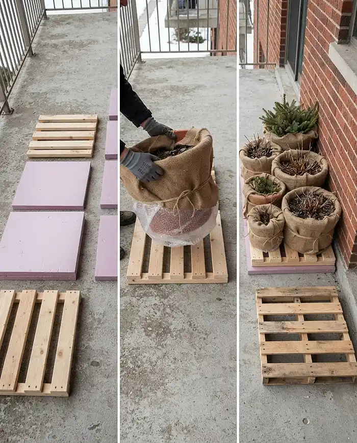 Winterize Balcony Garden 4 Lifting wrapped pots onto foam board and slats and clustering them against a warm wall, breaking the cold path from concrete
