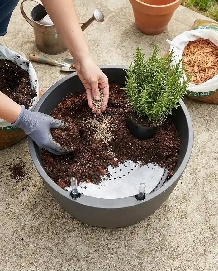 Lining the drainage hole, filling with coir mix and slow‑release fertilizer, and planting a plug, following the low‑effort planting steps
