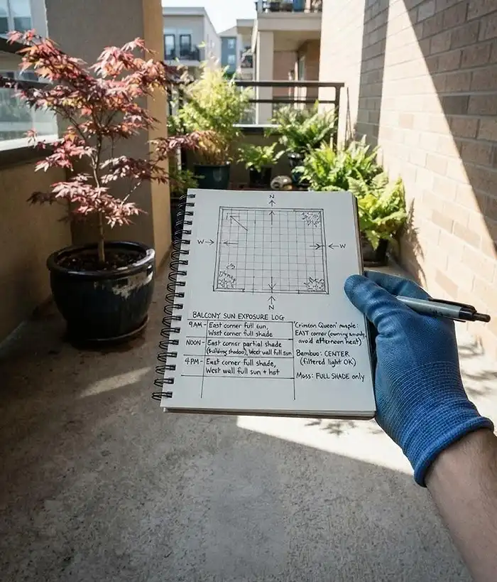 Japanese Balcony Garden Ideas 2 Logging sun hours and compass direction on a balcony to find a shaded east‑facing spot for a shade‑loving Japanese maple
