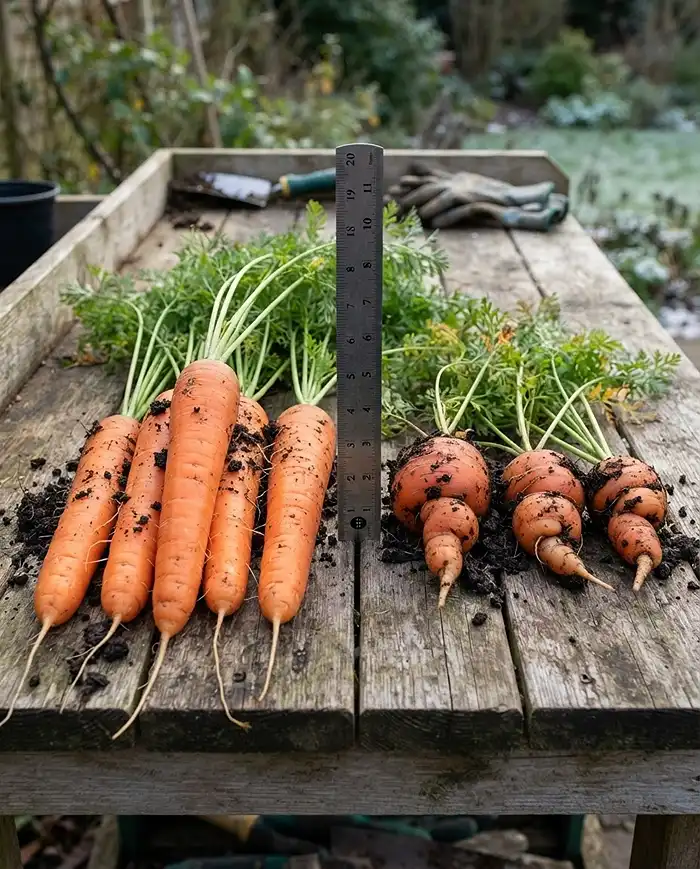 Winter Root Vegetables in Pots 2 Long straight carrots from a 14‑inch pot beside stubby carrots from an 8‑inch pot, showing why depth is non‑negotiable for winter roots