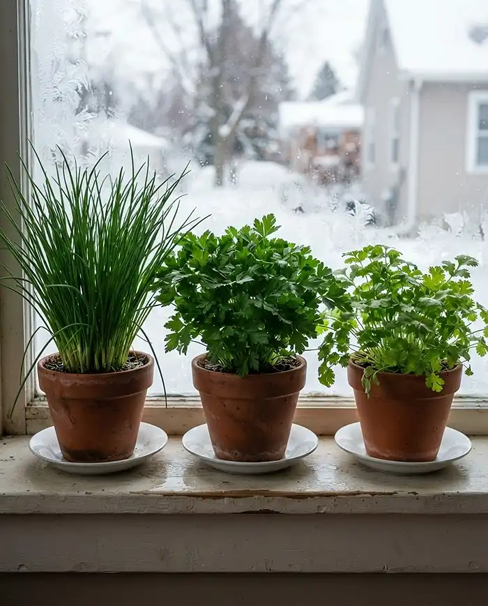 Best Indoor Herbs for Winter 3 Lush chives, parsley, and cilantro in terracotta pots on a cool sill, among the best indoor herbs for winter