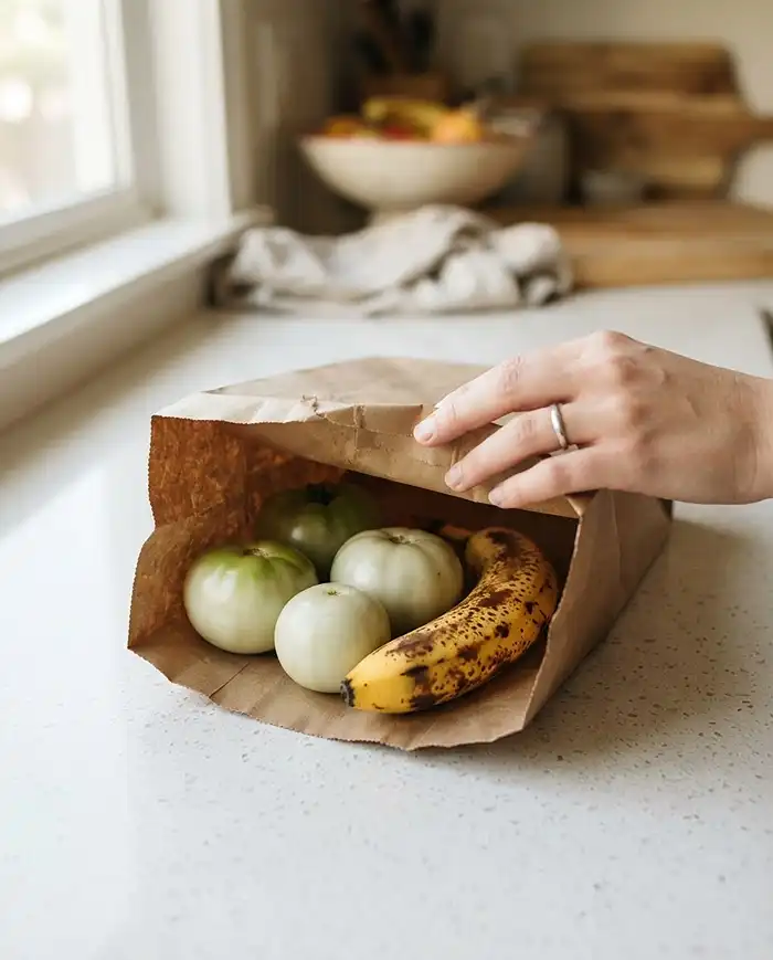 How to Ripen Green Tomatoes Indoors After First Frost 4 Mature‑green tomatoes and a ripe banana in a folded paper bag, the fastest way to ripen green tomatoes indoors
