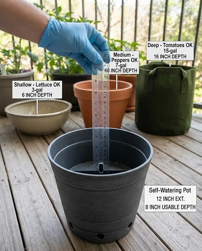 Container Depth for Vegetables 3 Measuring a ruler to a pot inner floor past a false bottom and watering gap, checking true container depth for vegetables