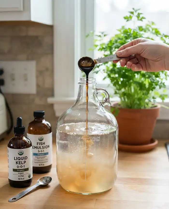 Measuring a tiny dose of liquid kelp into water for a quarter‑strength dilution, the core rule for fertilizing indoor herbs in winter