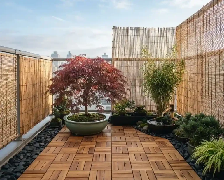 Minimalist Japanese balcony garden with bamboo screens, river stones, a dwarf maple, clumping bamboo, and a stone water basin.