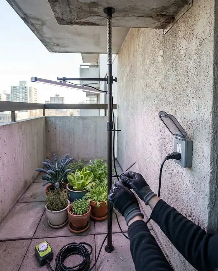 Winter Balcony Garden Lighting for Short Days 4 Mounting an LED bar on a tension pole and routing a cord to a GFCI outlet with a timer, installing winter balcony lights without drilling.