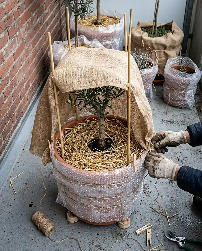 Mulching the soil and draping burlap over a staked frame secured with clothespins, following the winterizing steps for potted olives.