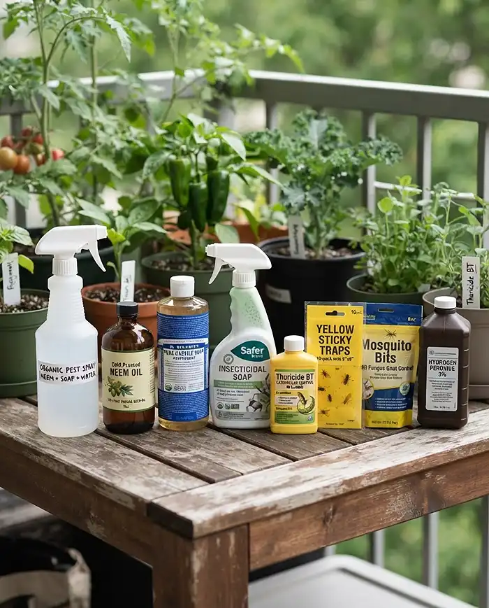 Neem oil, castile soap, insecticidal soap, Bt, sticky traps, and BTI bits laid out, the supply kit for organic pest control for container vegetables.
