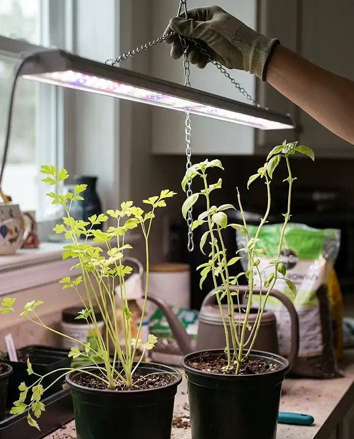 Pale leggy stretched herb stems under a grow light being fixed by lowering the LED fixture closer to the canopy