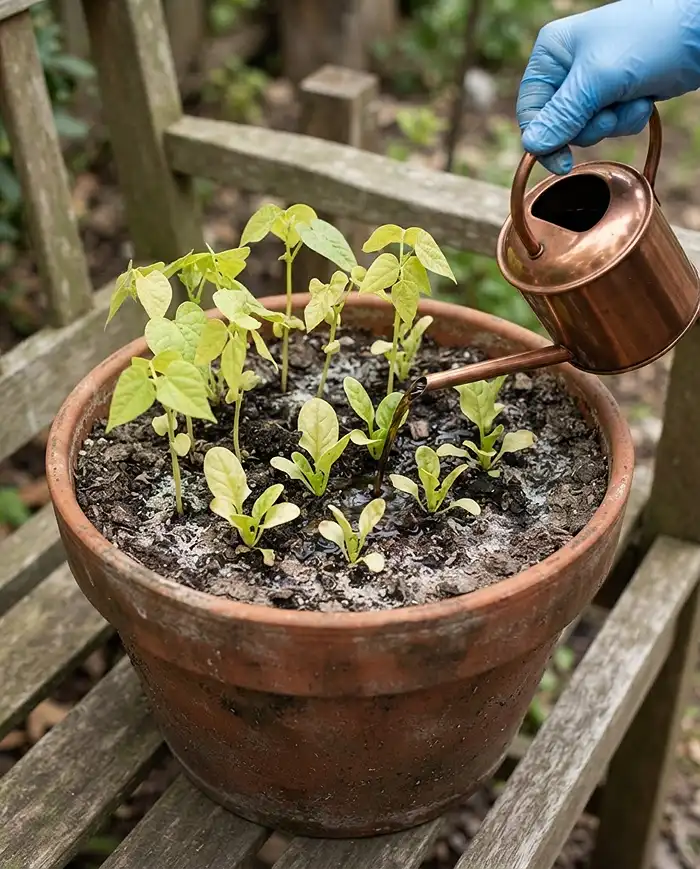 Pale stunted seedlings in old tomato soil being fed liquid kelp beside a salt‑crusted surface, fixing nutrient lockout in a successor crop.