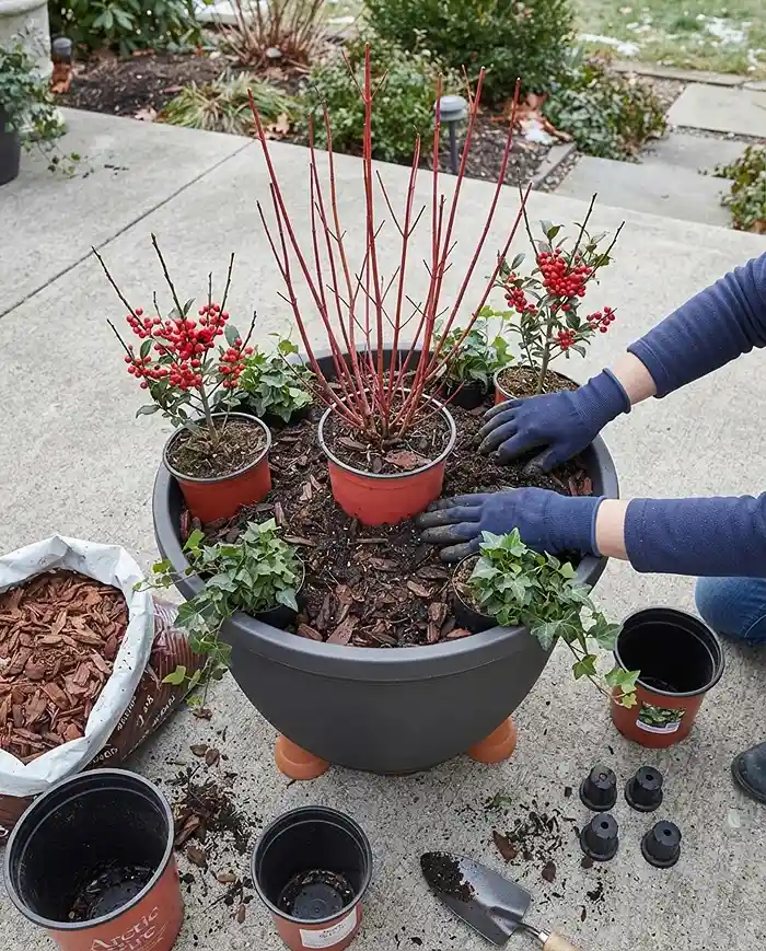 Planting a dogwood thriller with winterberry and ivy in a frost‑proof pot with bark mix, designing a layered winter display