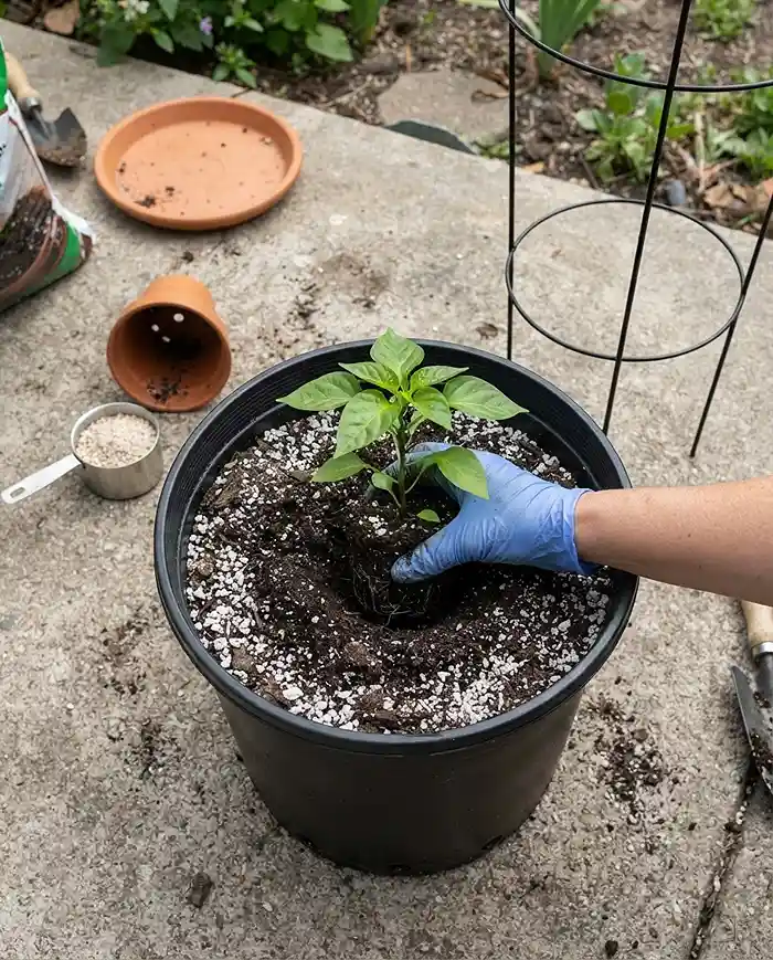 Planting a pepper seedling slightly deep in a 5‑gallon pot of perlite mix with bone meal and a cage ready, potting up peppers
