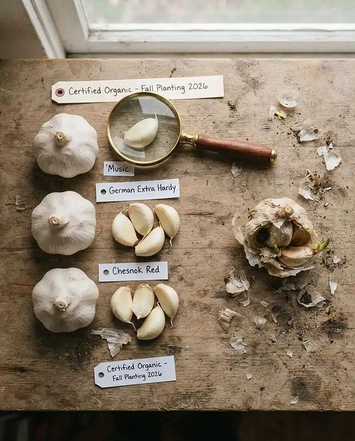 Growing Garlic in Containers 2 Plump certified hardneck seed garlic beside a poor grocery bulb, choosing quality seed garlic for container planting