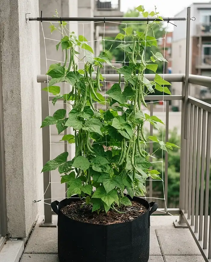 Pole beans climbing trellis netting on a tension rod from a wide pot, a space‑saving vertical balcony vegetable garden idea