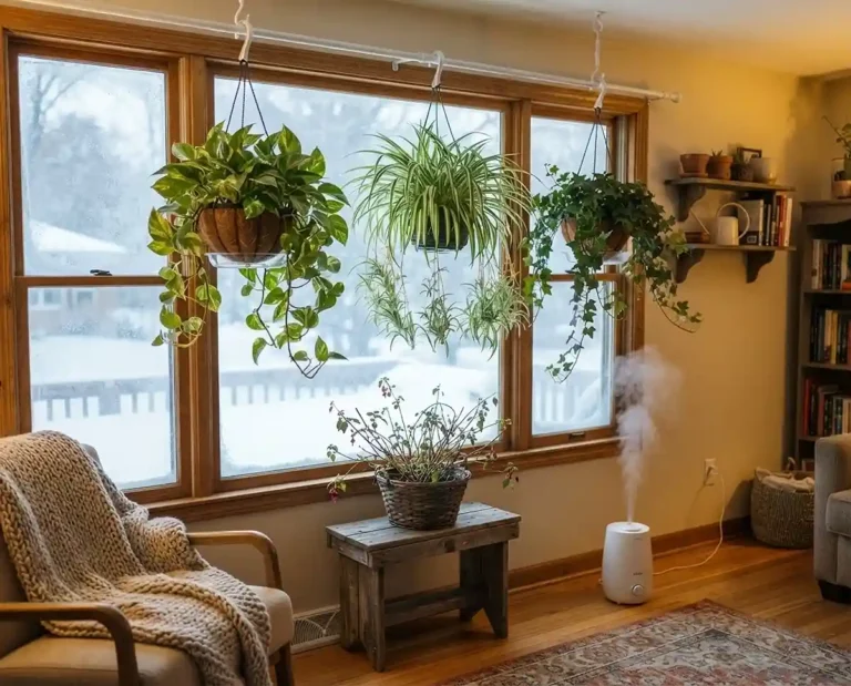 Pothos, spider plant, and ivy hanging near a snowy south window with a humidifier, bringing hanging plants indoors for winter.