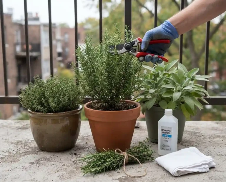 Potted rosemary, thyme, and sage being trimmed with bypass pruners on a balcony, how to prune herbs in fall before frost