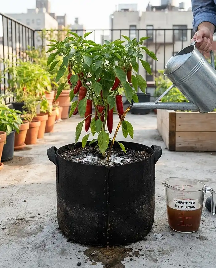 Pouring diluted compost tea over the soil of a potted pepper as a root drench, feeding container vegetables at a 14 ratio
