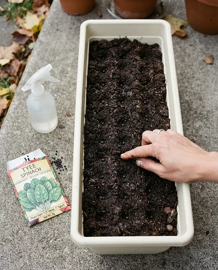 Pressing spinach seeds half an inch deep into a compost‑rich window box mix, direct sowing when growing spinach in pots