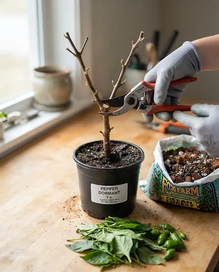 Overwintering Pepper Plants in Pots 3 Pruning a pepper plant down to a bare Y‑stem with leaves stripped off, inducing dormancy for overwintering pepper plants