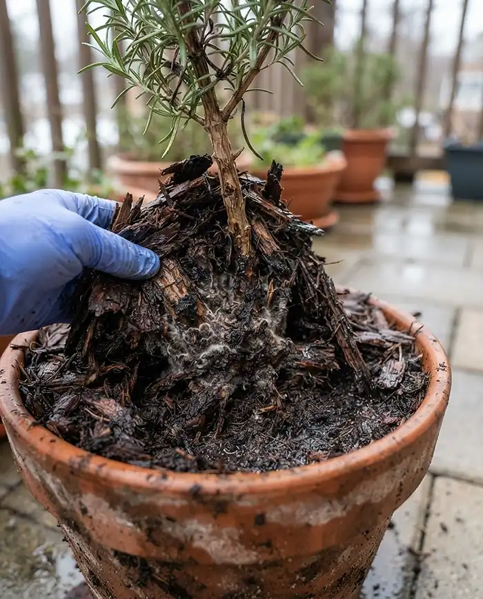 Mulching Potted Plants for Winter 5 Pulling piled mulch away from a plant stem to reveal a dark, mushy, rotting crown, fixing crown rot from volcano mulching