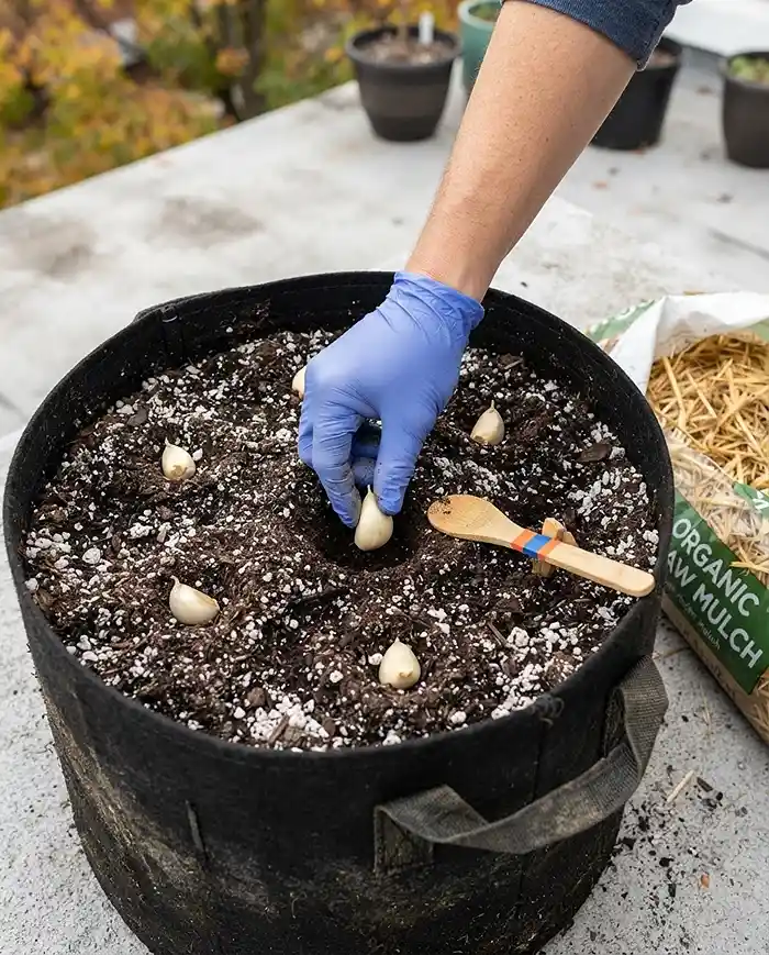 Growing Garlic in Containers 3 Pushing garlic cloves pointed‑end up in a spaced grid into perlite mix in a grow bag, the key step in growing garlic in containers
