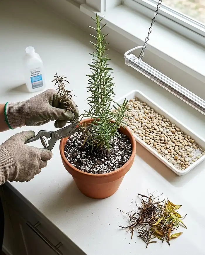 Why Indoor Herbs Die 4 Repotting in fast‑draining mix, trimming dead growth above a node, and staging a pebble tray and LED, reviving a dying indoor herb.