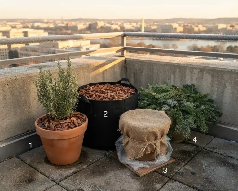 Rooftop pots topped with bark mulch, one burlap‑wrapped and bough‑capped against a wall, mulching potted plants for winter